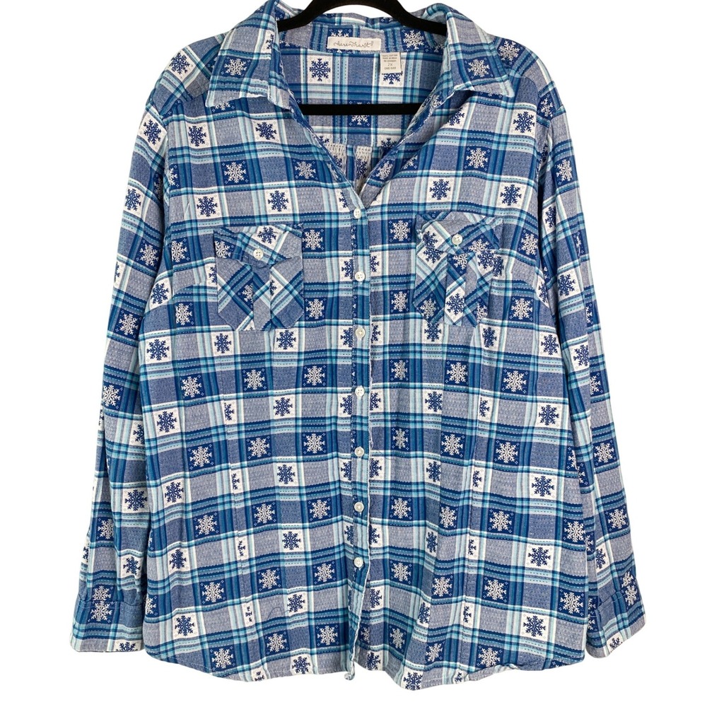 Keren Hart Womens Snowflake Button Up Shirt 2X Blue Winter‎ Plaid Cabincore Plus